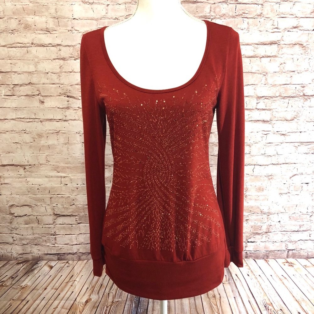 Daytrip Beaded Sequin Ruched Top Dark Red Medium Y2K Party EUC
